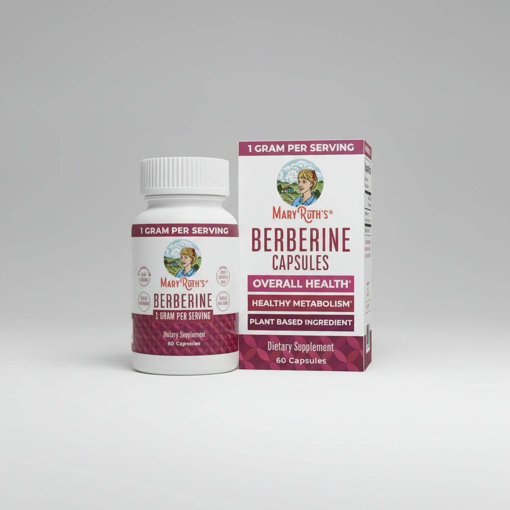 Mary Ruth's Berberine capsules bottle and packaging on a white background