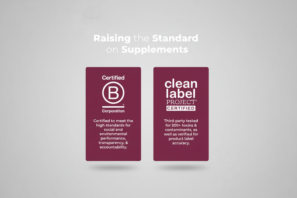 Two certification logos on a red background with text about standards and labels.
