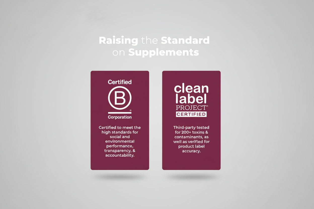 Two certification logos on a red background with text about standards and labels.