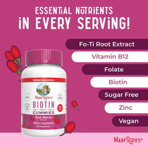 Mary Ruth's Biotin Gummies bottle with pink label on a pink background, highlighting essential nutrients.