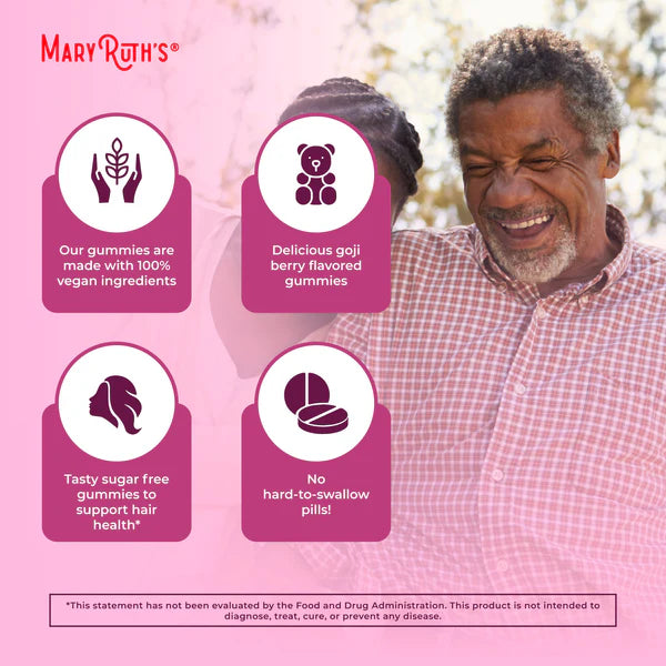 Advertisement for Mary Ruth's gummies with a man outdoors on a pink background