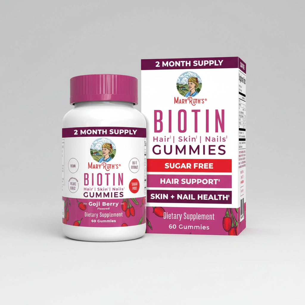 Mary Ruth's Biotin Gummies supplement bottle and packaging on a white background