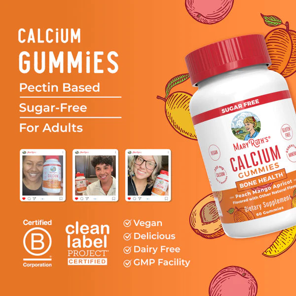 Mary Rave's Calcium Gummies packaging on an orange background with product details and certification logos.