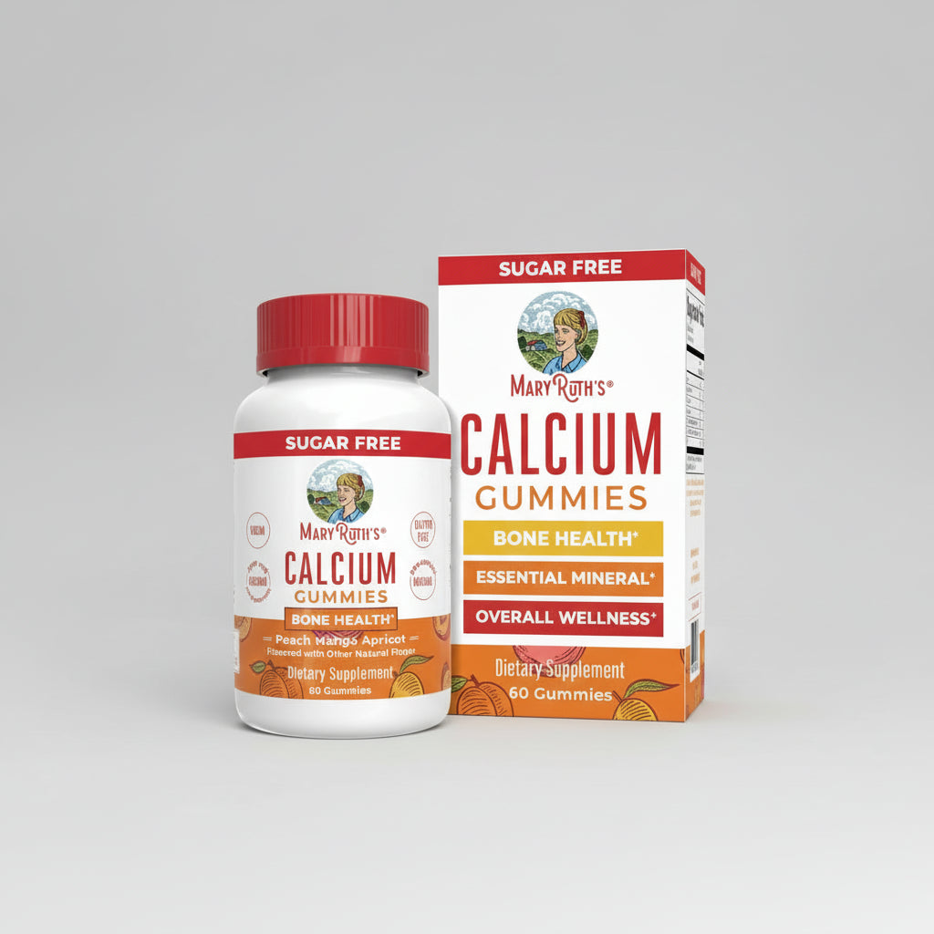 Mary Ruth's Calcium Gummies packaging with bottle and box on a white background