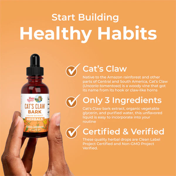 Bottle of Cat's Claw bark extract with text on a brown background