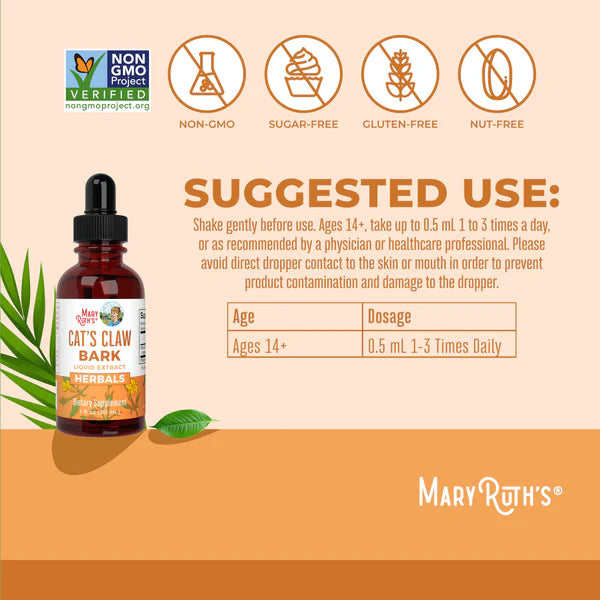 Bottle of Mary Ruth's Cat's Claw Bark with usage instructions on a beige background
