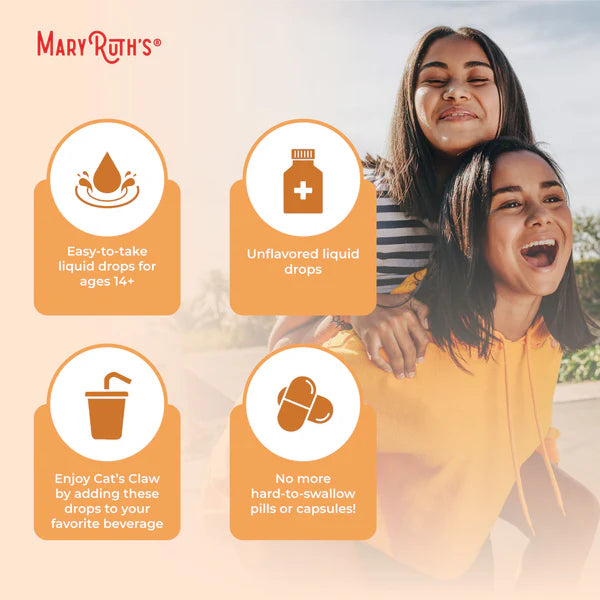 Advertisement for Mary Ruth's product featuring two people outdoors with product features highlighted.