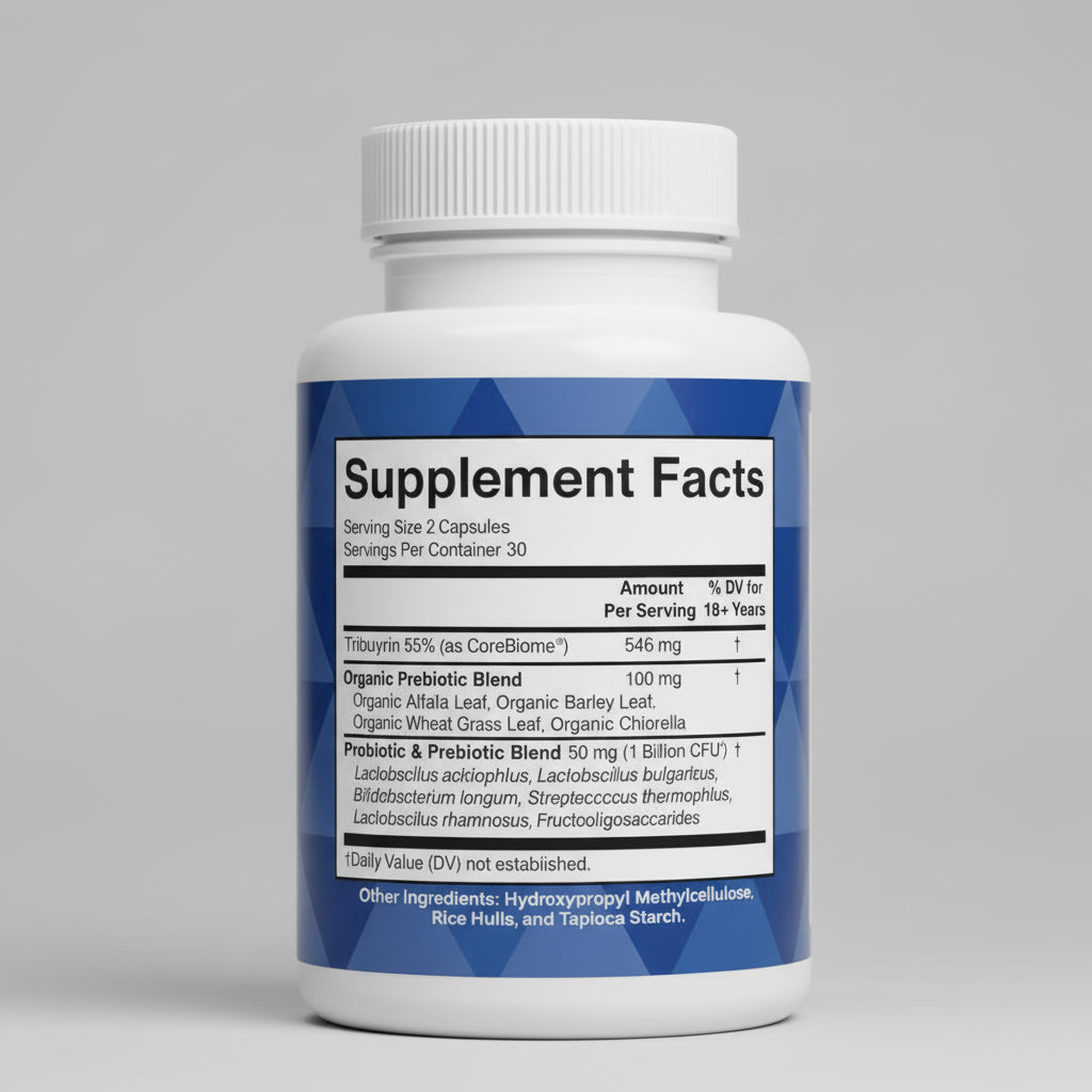 Supplement facts label on a blue geometric patterned background