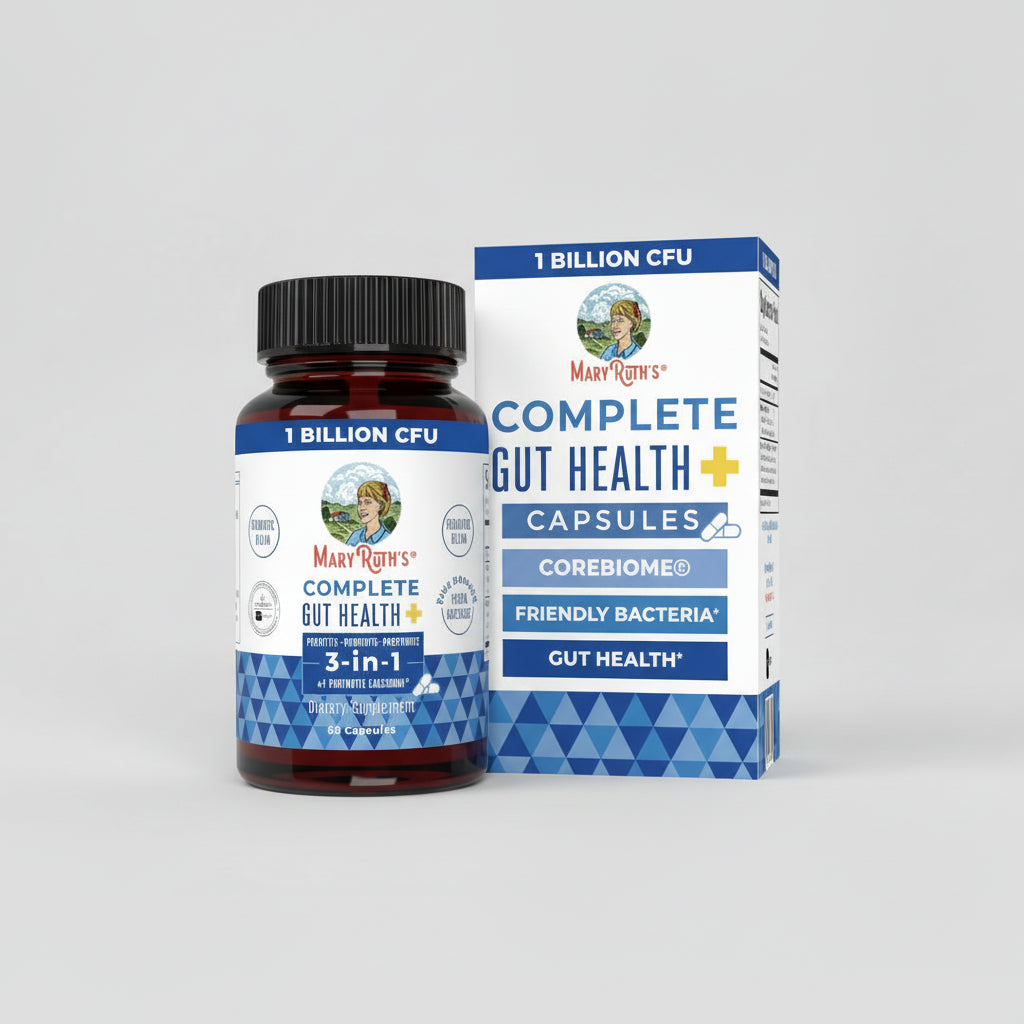 Mary Ruth's Complete Gut Health+ supplement bottle and packaging on a white background