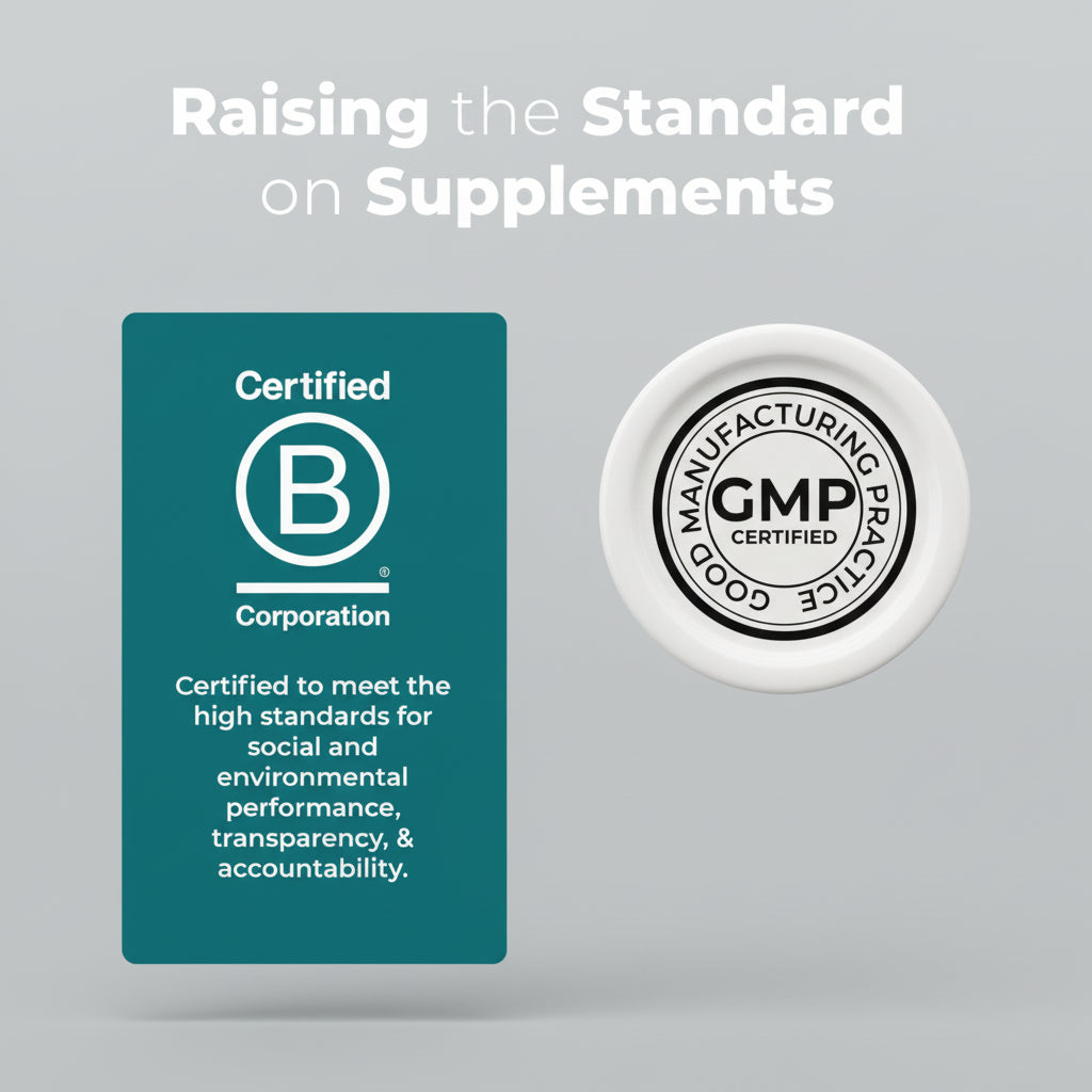 Two certification logos on a teal background with text about social and environmental performance, transparency, accountability, and Good Manufacturing Practices.