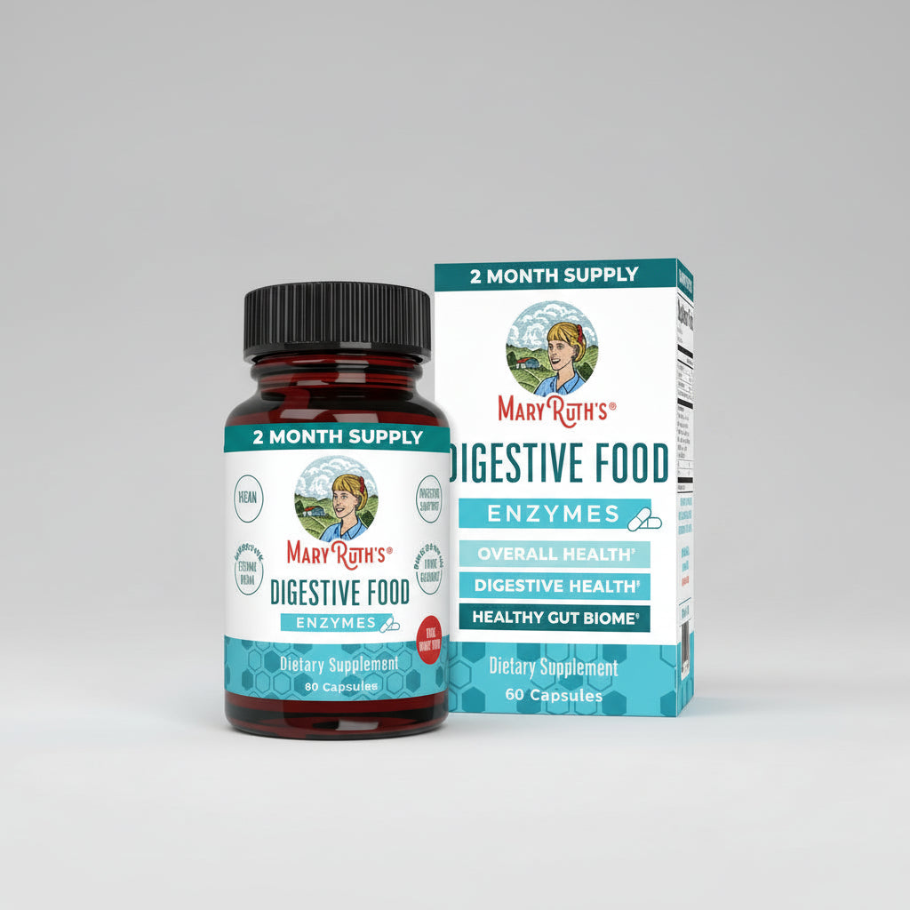Mary Ruth's Digestive Food Enzymes supplement bottle and packaging on a white background