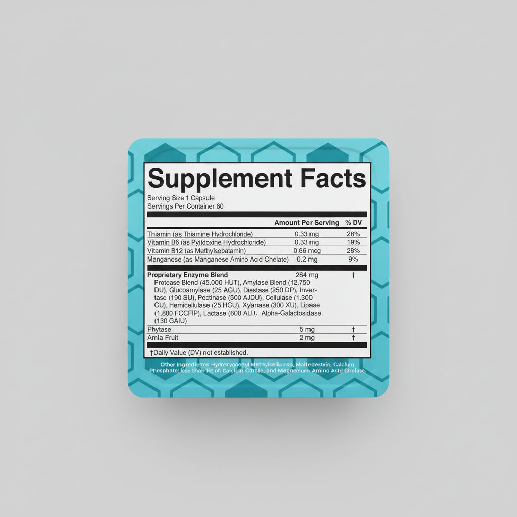 Supplement facts label with detailed nutritional information on a blue geometric patterned background