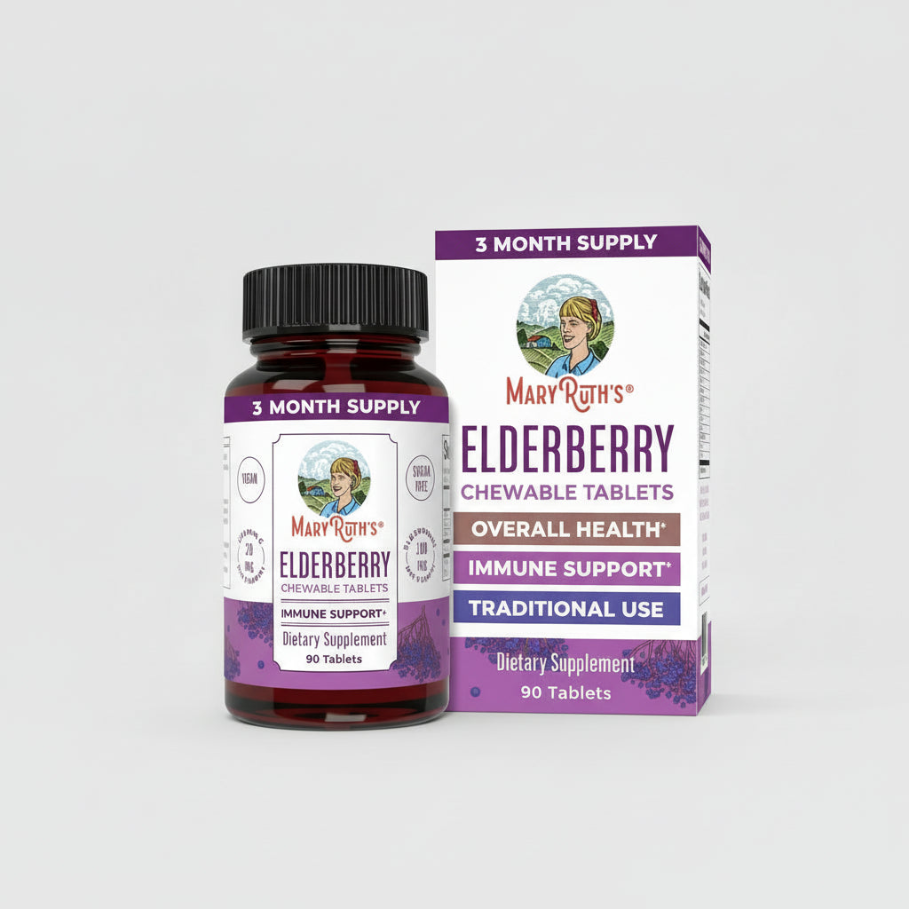 Mary Ruth's Elderberry Chewable Tablets packaging with bottle and box on a white background