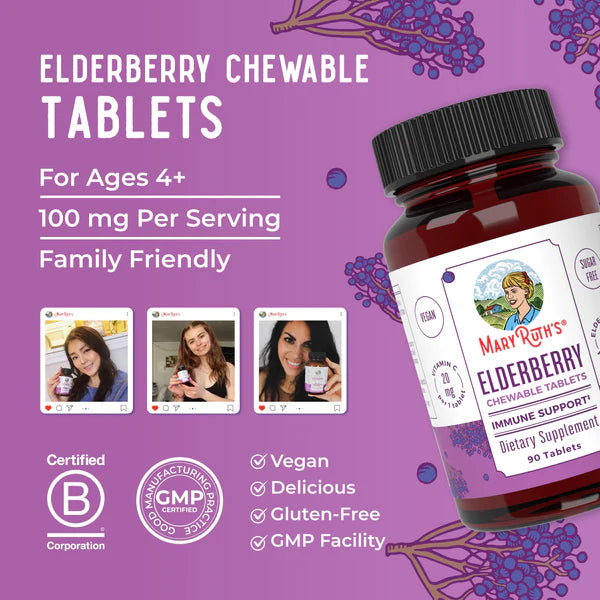 Mary ROTH'S Elderberry Chewable Tablets packaging on a purple background with product details.