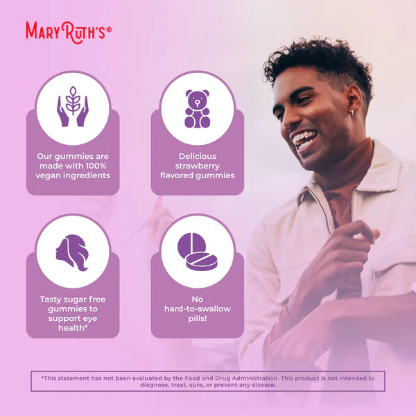 Advertisement for Mary Ruth's gummies with a man smiling on a purple background