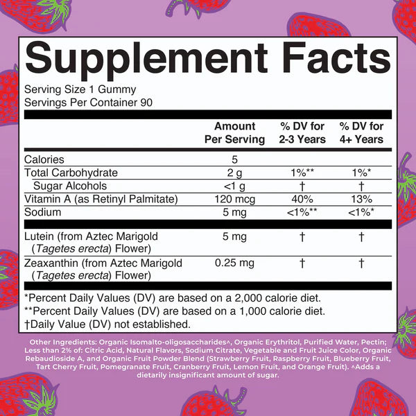 Supplement facts label on a purple background with strawberry graphics