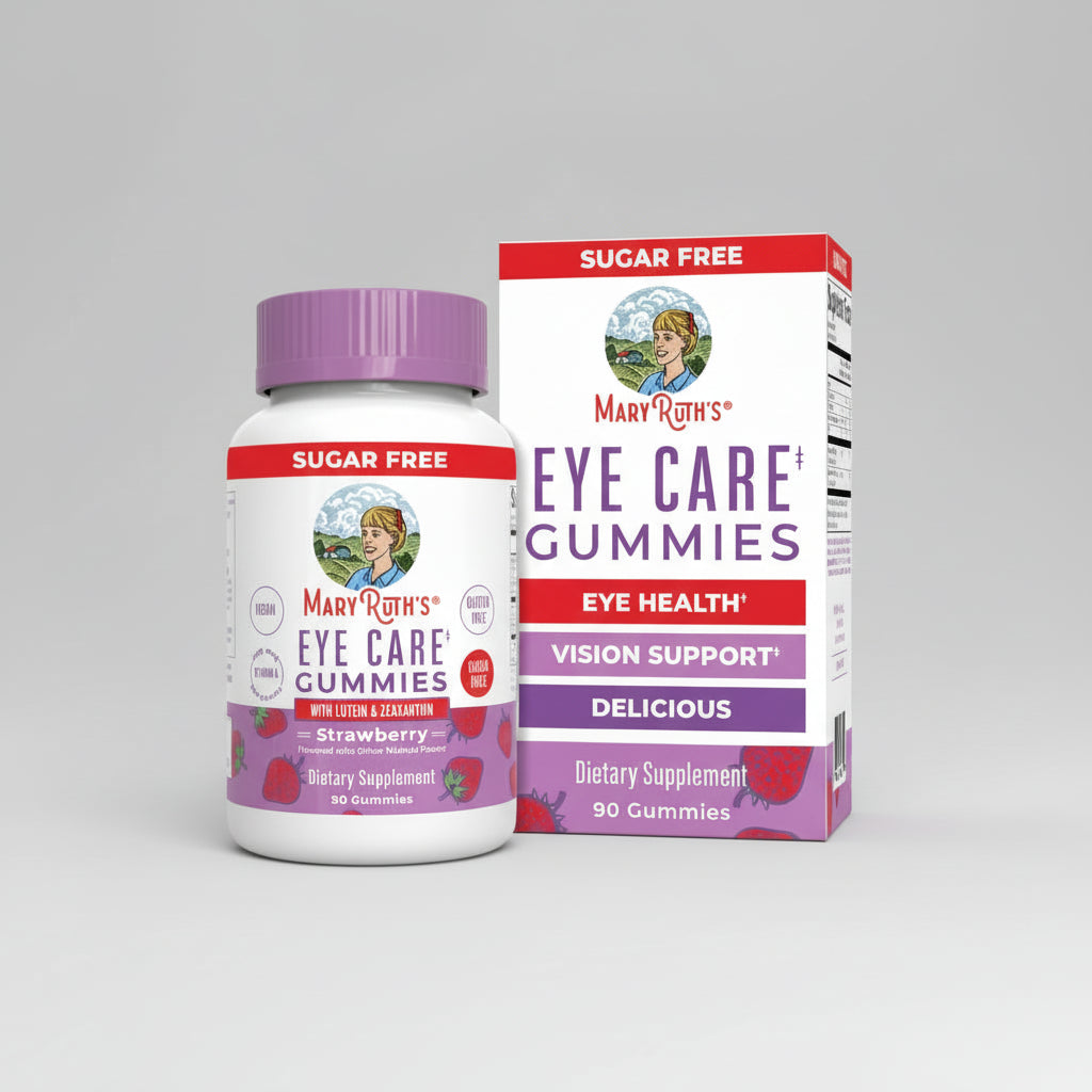 Mary Ruth's Eye Care Gummies supplement bottle and packaging on a white background
