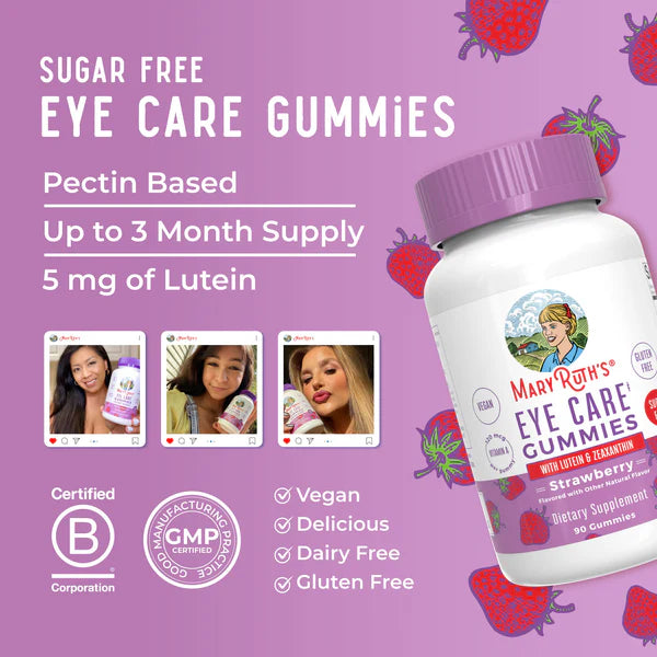 Mary Ruth's Eye Care Gummies packaging with strawberry flavor on a purple background