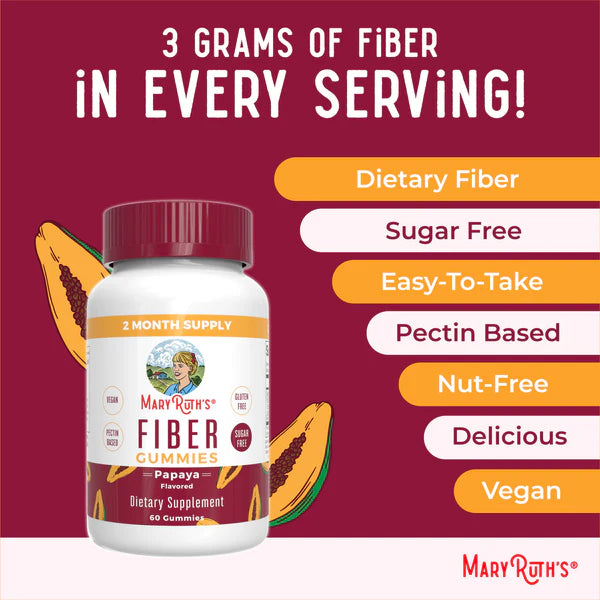 Mary Ruth's Fiber Gummies bottle with fiber content and benefits on a red background