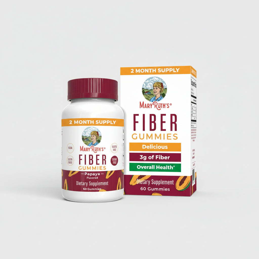 Mary Ruth's Fiber Gummies bottle and packaging on a white background
