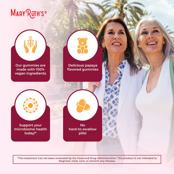 Advertisement for Mary Ruth's gummies featuring two women outdoors with product benefits displayed.