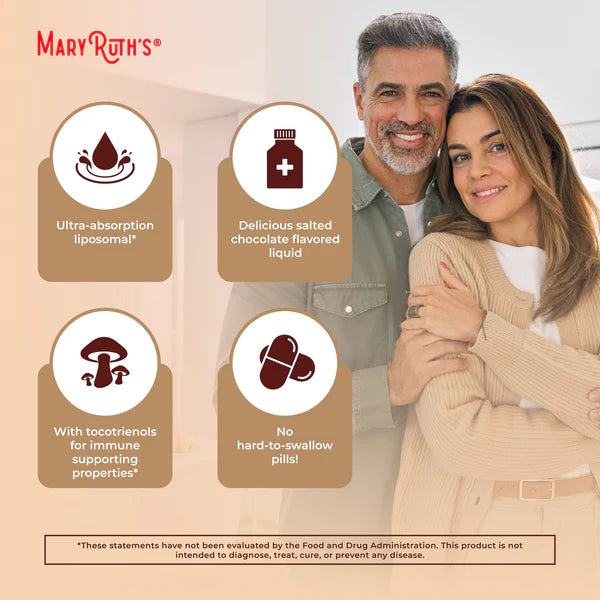 Couple embracing with Mary Ruth's product features displayed on a beige background