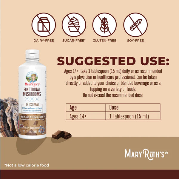 Mary Ruth's Functional Mushrooms supplement bottle with usage instructions on a beige background
