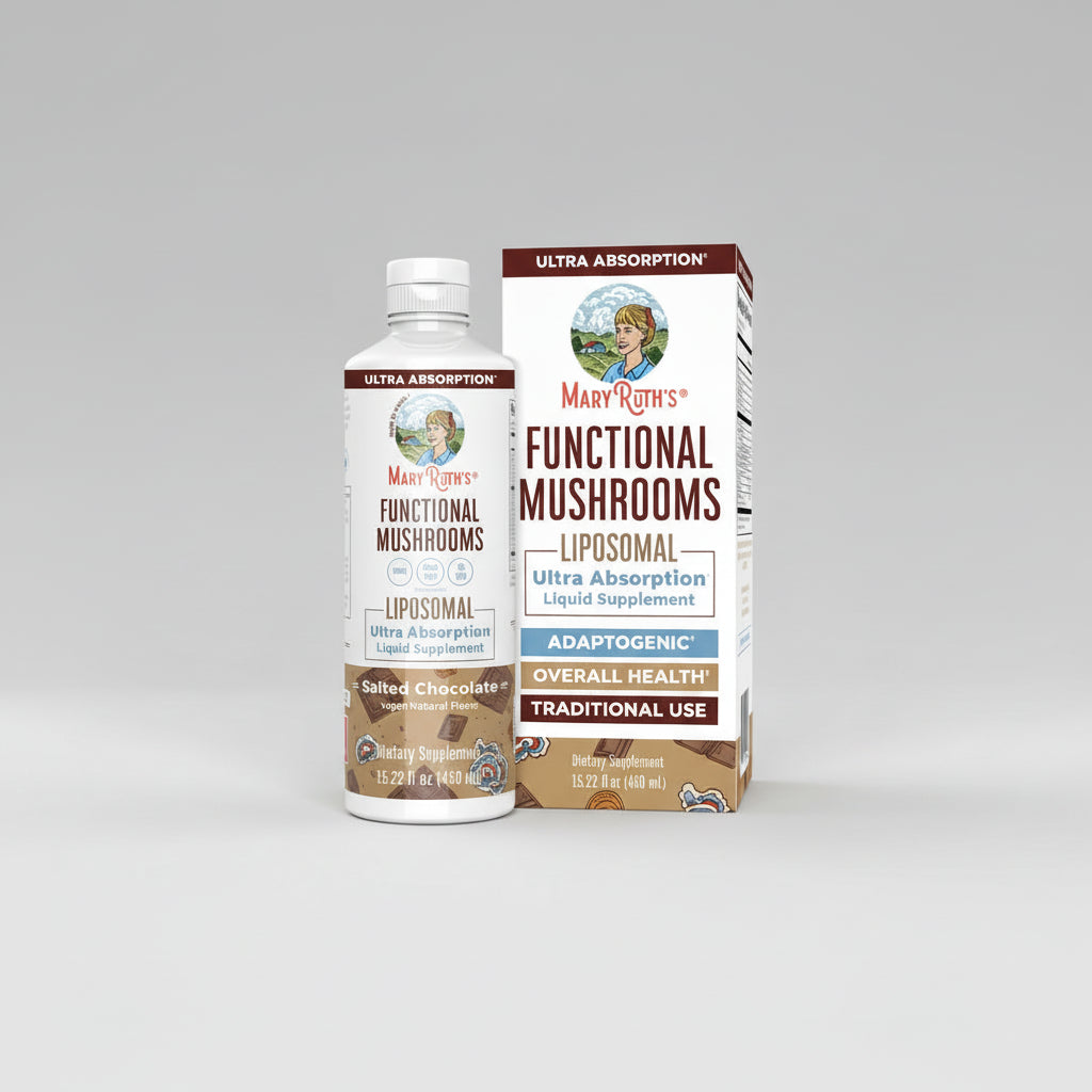 Mary Ruth's Functional Mushrooms supplement bottle and box on a white background