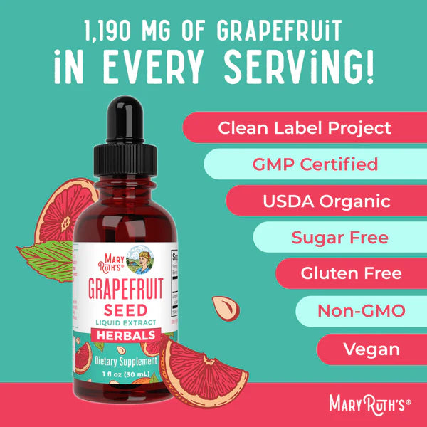 Mary Ruth's Grapefruit Seed Liquid Extract bottle with product details on a colorful background