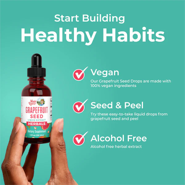 Bottle of grapefruit seed extract with promotional text on a teal background