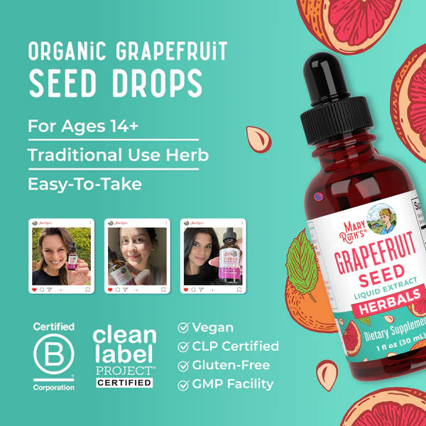 Grapefruit seed extract bottle with product details on a teal background