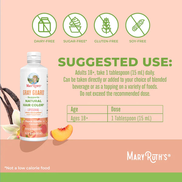 Mary Ruth's Gray Guard supplement bottle with suggested use and product details on a pink background
