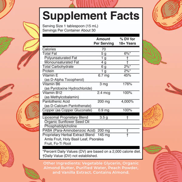 Supplement facts label on a pink background with illustrations of fruits and leaves.