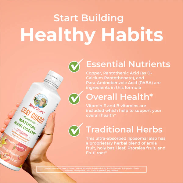 Product with text about building healthy habits on a peach background