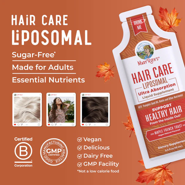 Mary Ruth's Hair Care Liposomal supplement packaging on an orange background with text and images of hair.