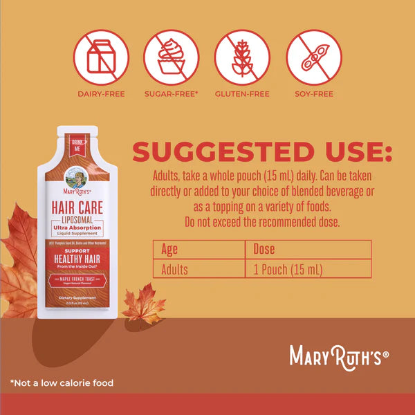 Mary Ruth's Hair Care Liposomal product packaging with suggested use and dietary information on a brown background.
