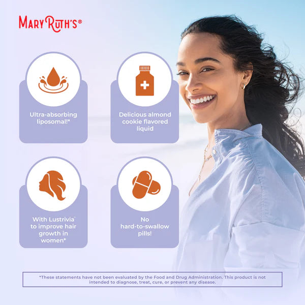 Woman with long hair smiling, surrounded by icons and text about Mary Ruth's product features.