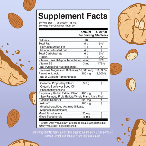 Supplement facts label with almond illustrations on a light blue background