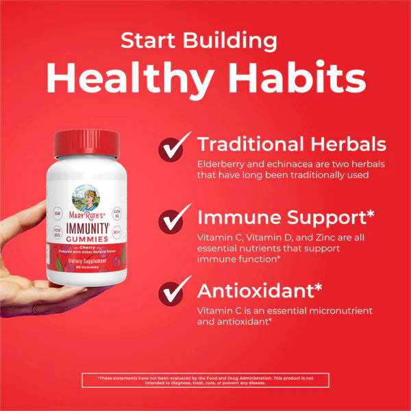 Immunity gummies packaging with text on a red background