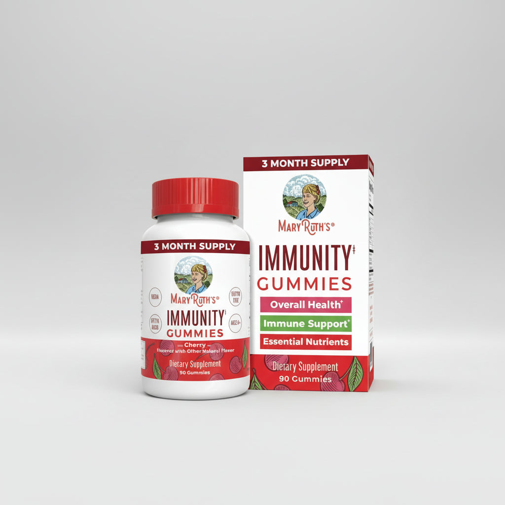 Mary Ruth's Immunity Gummies supplement bottle and packaging on a white background