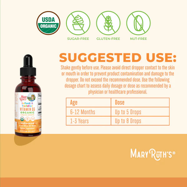 Bottle of Mary Ruth's product with usage instructions and branding on a white background