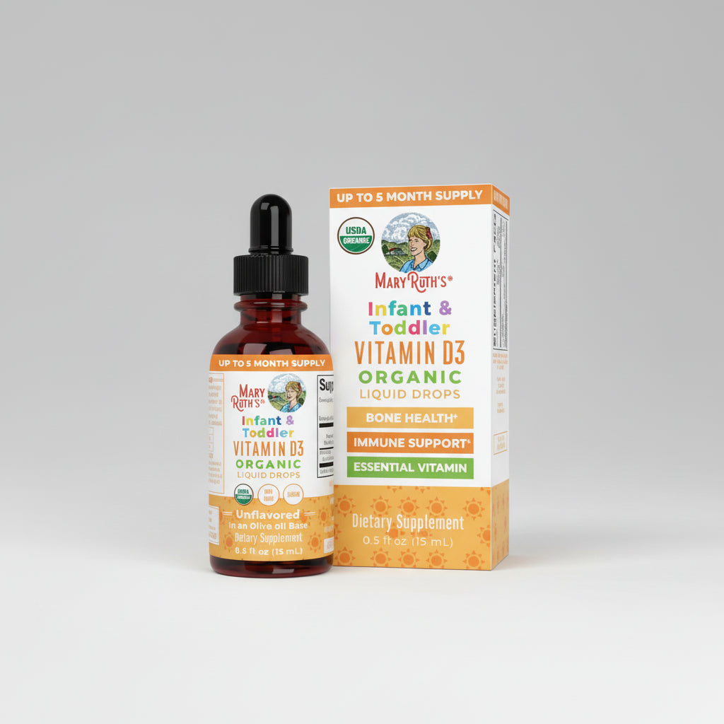 Mary Ruth's Infant & Toddler Vitamin D3 Organic Liquid Drops bottle and packaging on a white background