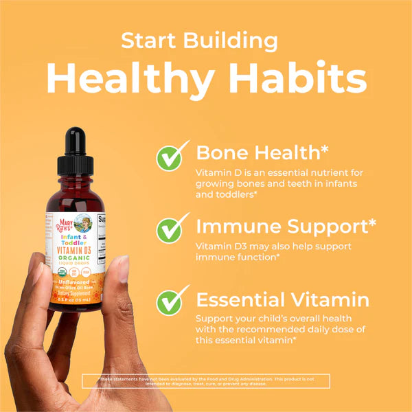 Hand holding a bottle of vitamin D3 with text about healthy habits on an orange background