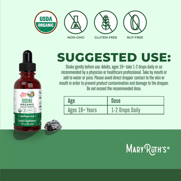 Mary Ruth's iodine liquid drops bottle with usage instructions and product details on a green background