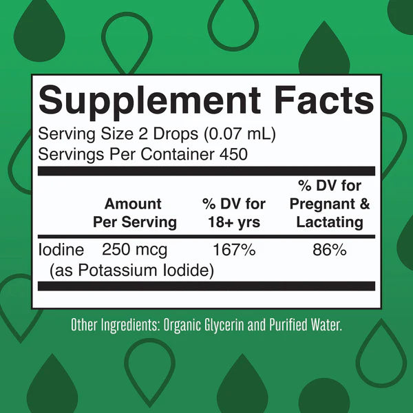 Supplement facts label for iodine supplement with green background and drop graphics.
