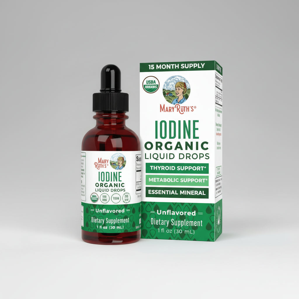 Mary Ruth's Iodine Organic Liquid Drops bottle and packaging on a white background