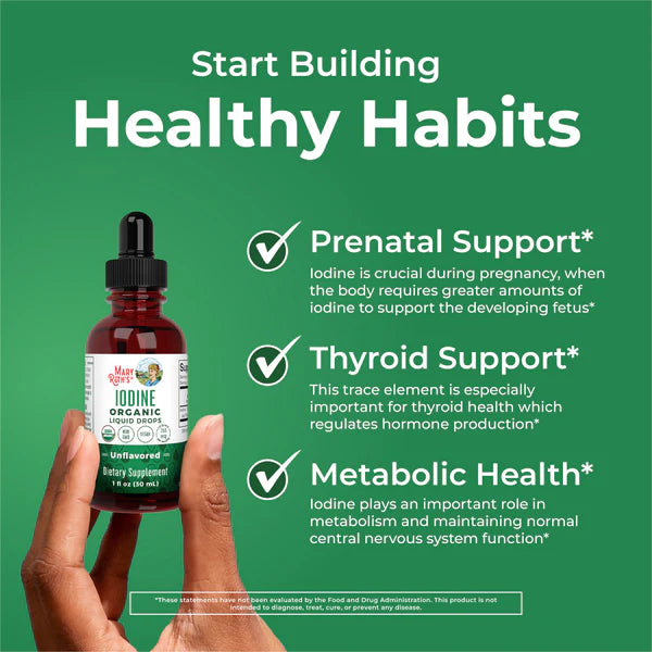 Iodine supplement bottle held by a hand with text about prenatal, thyroid, and metabolic support on a green background.