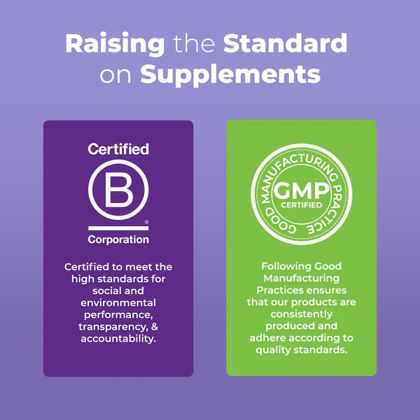 Two certification logos on a purple background with text about social and environmental performance, and Good Manufacturing Practices.