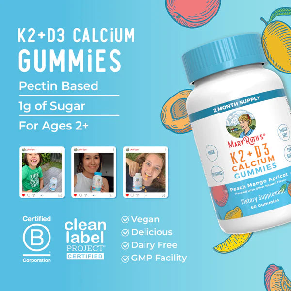 Bottle of Mary Ruth's K2+D3 Calcium Gummies on a blue background with product details and images of children.