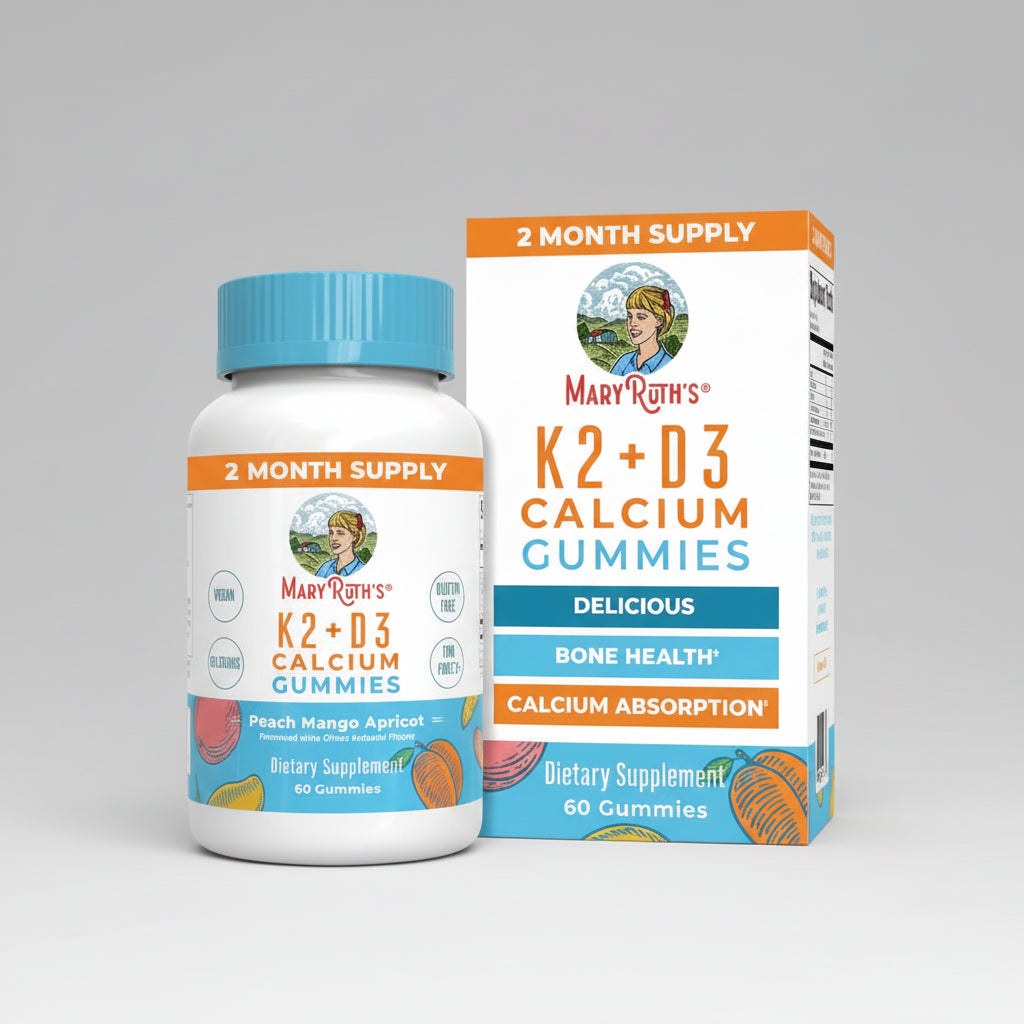 Mary Ruth's K2 + D3 Calcium Gummies bottle and packaging on a white background